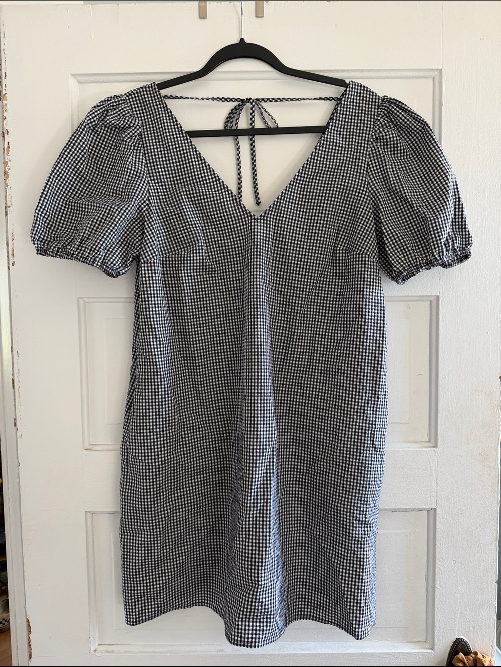 a new day Black & White Gingham V-Neck Puff Sleeve Mini Dress